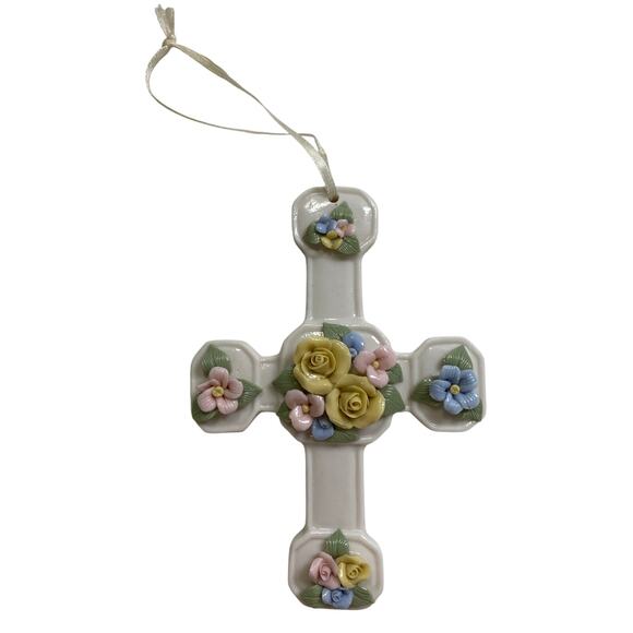 Autom Porcelain Ceramic Floral White Cross Pink Yellow Blue Roses 6" Ornament - Picture 1 of 10